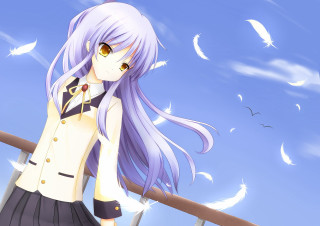 Purple haired girl bird wings - overhead in the sky free wallpaper