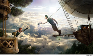 Man flying balloon clock holding - another man free wallpaper