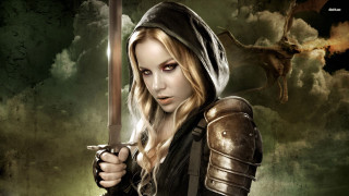 Woman hooded sword dragon clouds - epic fantasy character art free wallpaper