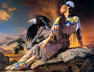 Native american woman rock bird 2 - oil painting free wallpaper