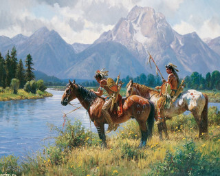Native american men horses river - the background and a stream free wallpaper