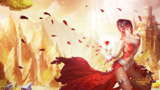 Woman red dress field flowers - charlie bowater free wallpaper