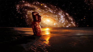 Woman standing water arms up - cosmic free wallpaper
