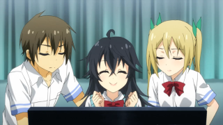 Anime characters looking computer screen - three anime character free wallpaper