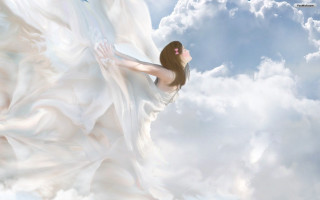 Woman white dress flying cloud 2 - dreamlike free wallpaper