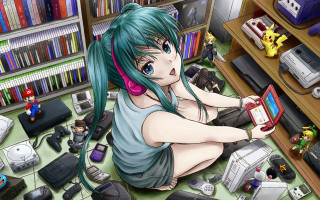 Girl sitting floor laptop headphones - electronic free wallpaper