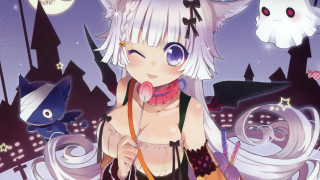 Anime girl white hair cat - her mouth free wallpaper