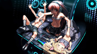 Anime girls laying laptop keyboard - a neon light free wallpaper