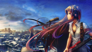 Girl long hair headphones guitar 2 - a cityscape free wallpaper