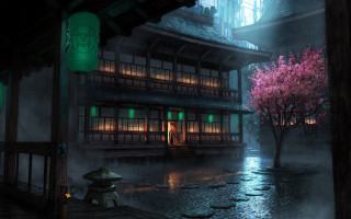 Japanese house tree rain person - evgeny lushpin free wallpaper for desktop