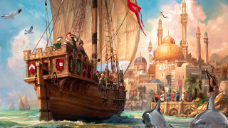 Ship people dolphin water building - a painting of a ship free wallpaper
