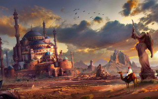 Desert man camel castle bird - cinematic matte painting free wallpaper