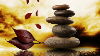 Autumn leaves red sky water - a pile of rocks free wallpaper