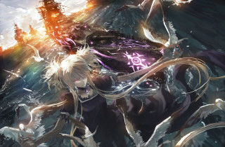 Woman sword painting ship background - anime art free wallpaper for desktop