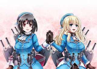Anime characters blue outfits guns - a pink background behind them free wallpaper