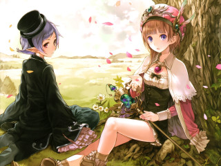 Anime girls tree field flowers - flower and butterflies free wallpaper