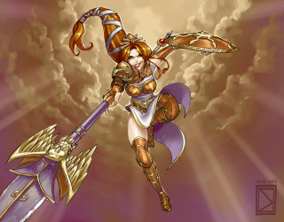 Woman sword armor flying clouds - a sky background behind her free wallpaper