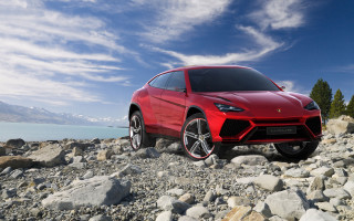 Red sports car rocky beach 2 - the ocean and mountains free wallpaper