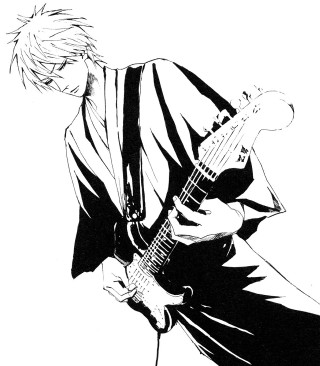 Man playing guitar black white - sōsaku hanga free wallpaper for tablet
