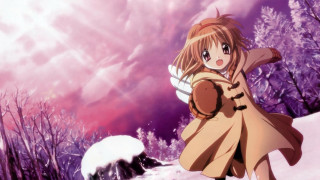 Girl browncoat whiteDog snowylandscape cherryblossoms - a brown coat free wallpaper