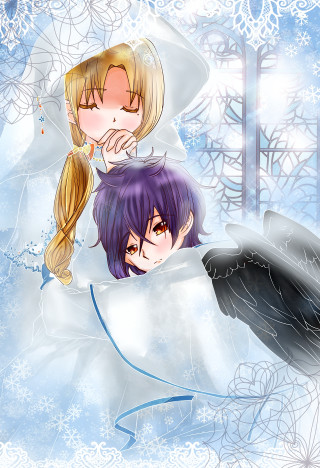 Anime characters hugging snowy scene - storybook illustration free wallpaper for mobile