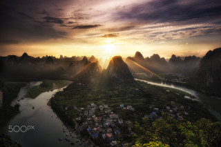 Sunset river mountains village foreground - cui bai free wallpaper for desktop
