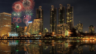City skyline fireworks lake reflection - felipe seade free wallpaper