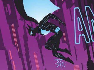 Batman flying bat city background - synthwave style free wallpaper