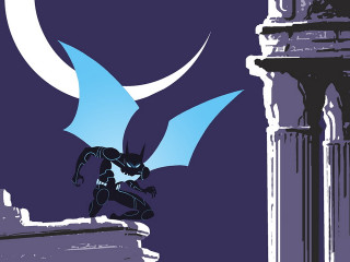 Batman standing ledged bat flying - a building in the foreground free wallpaper
