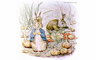 Rabbits garlic field sitting together - beatrix potter free wallpaper