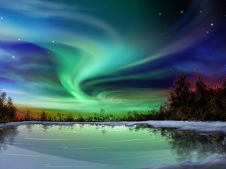 Aurora borealis frozen lake woods - tree and snow free wallpaper
