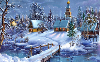 Snowy winter church bridge river 4 - kinkade free wallpaper