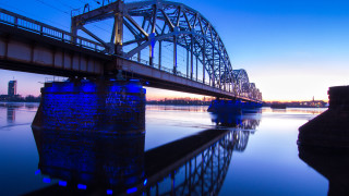 Bridge river boat building sunset - color scheme free wallpaper