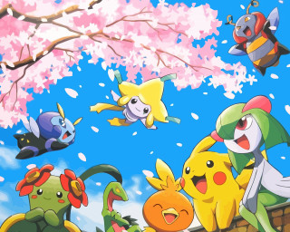 Pokemon flying cherry blossom tree - chen chi free wallpaper