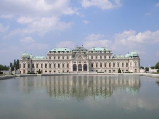 Large building pond sky clouds - viennese actionism free wallpaper