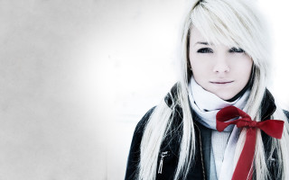 Blonde woman red bow tie - black jacket free wallpaper