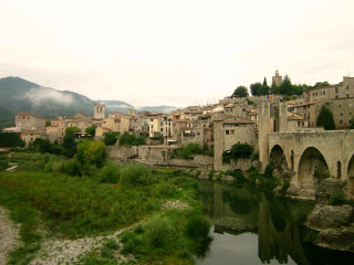 River bridge castle pagoda forest - hillside free wallpaper