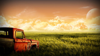 Truck field sunset clouds sky - cinematic matte painting free wallpaper for desktop