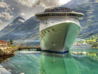 Cruise ship docked harbor mountains - mountain free wallpaper