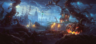 Halloween pumpkins castle full moon - kinkade free wallpaper