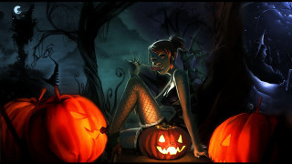 Woman sitting pumpkin lantern forest - dark fantasy art free wallpaper for desktop