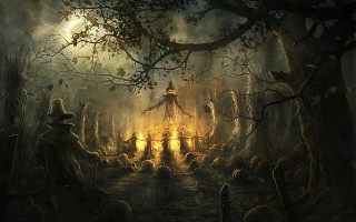Forest people light tower painting - bastien l. deharme free wallpaper