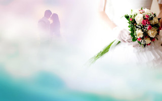 Bride groom kissing bouquet flowers - romantic free wallpaper