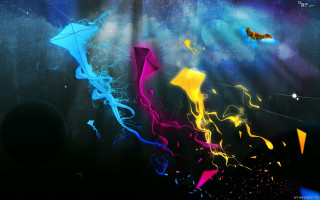 Kites flying sky planet clouds - artist free wallpaper