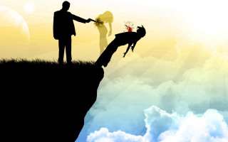 Man woman cliff dog hand - expressive free wallpaper
