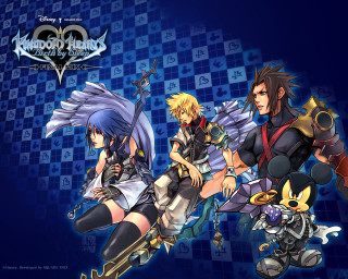 Anime characters group blue checkered - background behind them free wallpaper