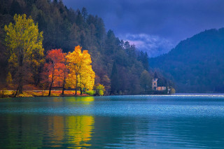 Lake church trees cloudy sky - mystical color free wallpaper