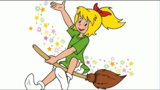 Cartoon girl flying broom stars - zabrocki free wallpaper