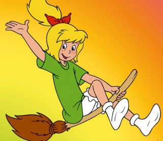 Cartoon girl riding broom red - a broom free wallpaper for tablet