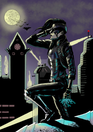 Man sitting ledged clock tower - cyberpunk art free wallpaper for mobile